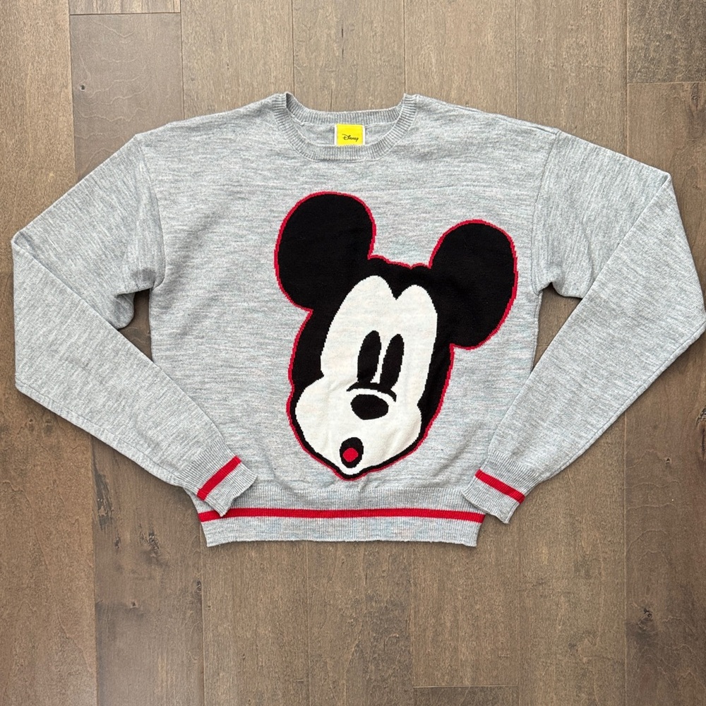 Disney Mickey Mouse Women’s XS Gray Red Knit Graphic Sweater Pullover